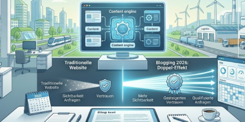 Schreibtisch mit PC und Infografik Blog