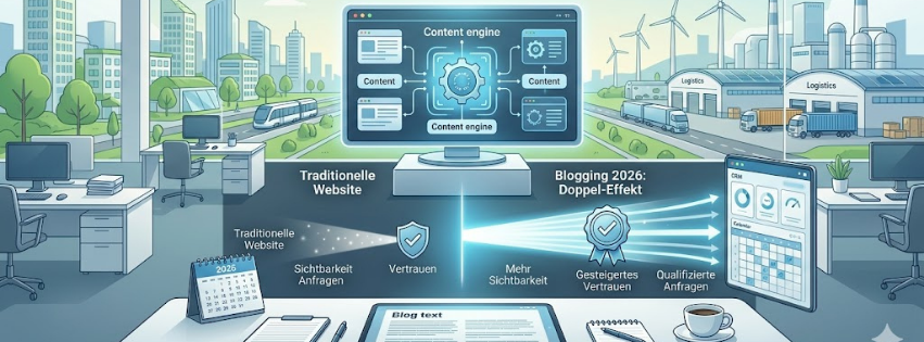 Schreibtisch mit PC und Infografik Blog