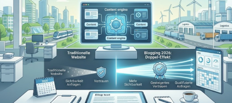 Schreibtisch mit PC und Infografik Blog
